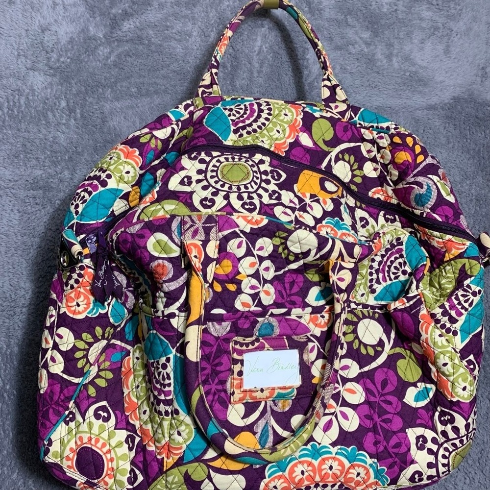 Vera Bradley Large Duffel Bag Women Large Purple Plum Crazy Quilted Paisley Trav - Picture 11 of 16